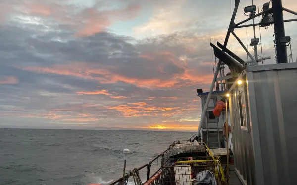 View of sunrise over the open ocean and part of the deck of the boat. 