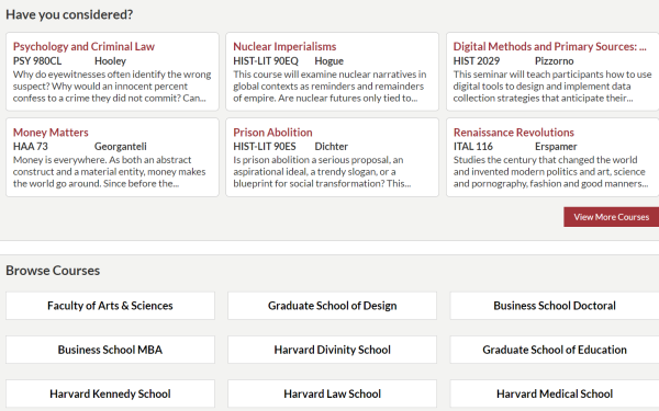 A screenshot of Harvard&#039;s course search menu