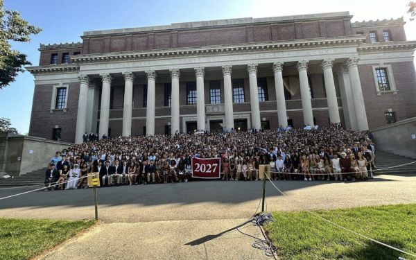 Group photo of Class of 2027 on Widener steps for Convocation