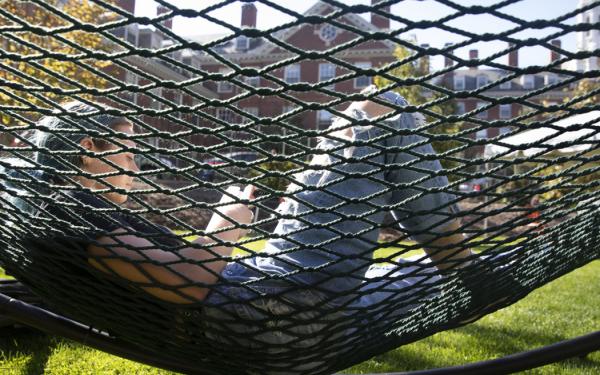 student on hammock reading a book