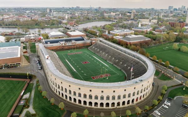 Aerial view of an empty Harvard Stadium.