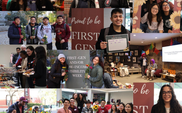A collage of picctures taken during FGLI Visibility Week. There are pictures of students holding flowers, pictures of students at the student-faculty dinner, students holding papers sharing what being FGLI means to them. 