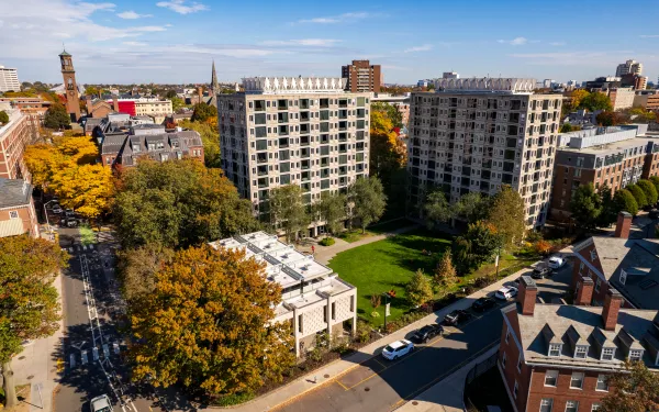 An aerial photo of the Leveret House towers.
