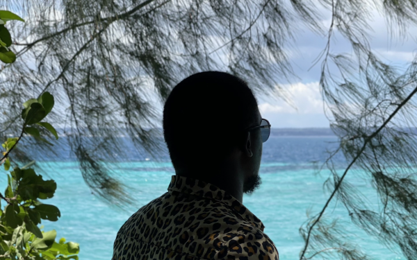 A photo of a man in sunglasses looking at blue ocean waters.