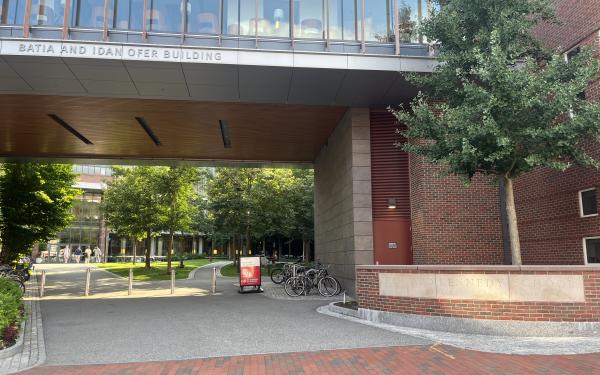 The front entrance of the Harvard Kennedy School, with the Batia and Idan Ofer Building in view