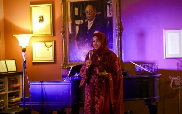 Samia Afrose, President of BASHA speaking about the Flood Relief Fundraiser for Bangladesh.