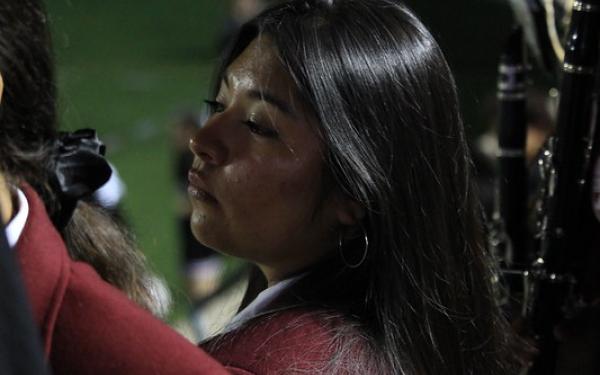 A student looking to the left. 