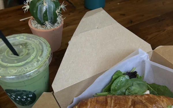 Strawberry Matcha latte and breakfast sandwich