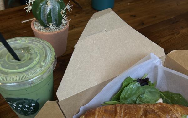 Strawberry Matcha latte and breakfast sandwich