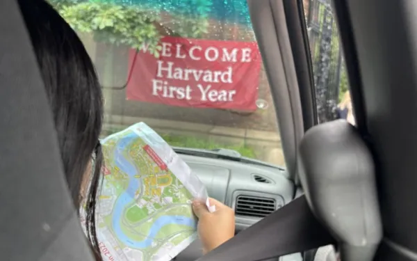 Image of banner reading "Welcome Harvard First Year"