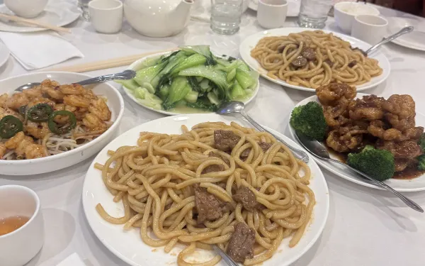 A picture of food, including noodles and chicken, ordered at Jade Garden.