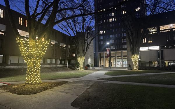 A view of the Mather House Courtyard at night