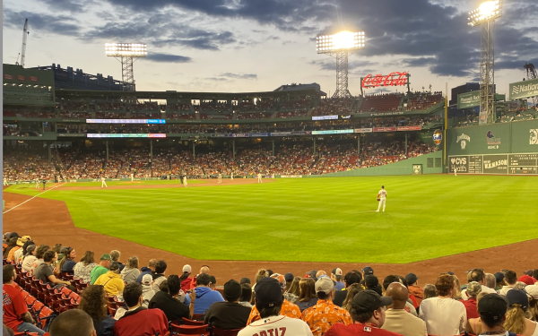 Outfield seat view of a game at Fenway Park between the Boston Red Sox and the Baltimore Orioles
