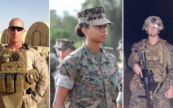 Three Military individuals in uniform, two in combat gear and one in standard camouflage, are shown in separate settings.