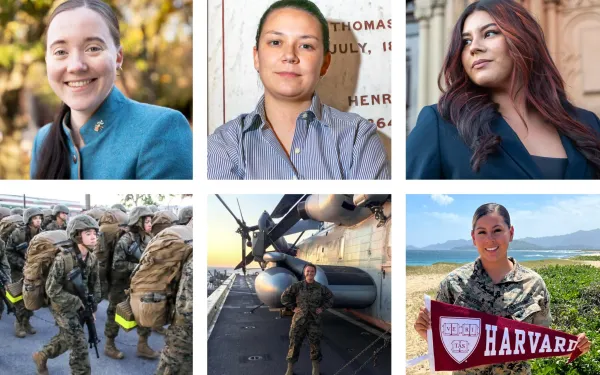 A collage of six images showing women in military uniforms and civilian clothing, including group and individual shots.