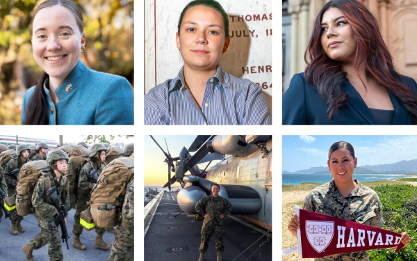 A collage of six images showing women in military uniforms and civilian clothing, including group and individual shots.
