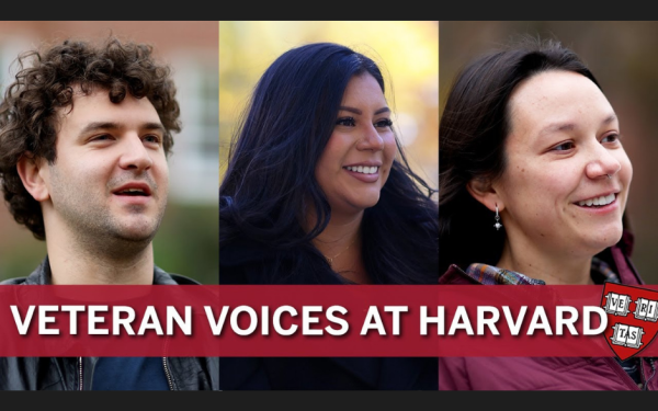 Three people smiling with text "Veteran Voices at Harvard."