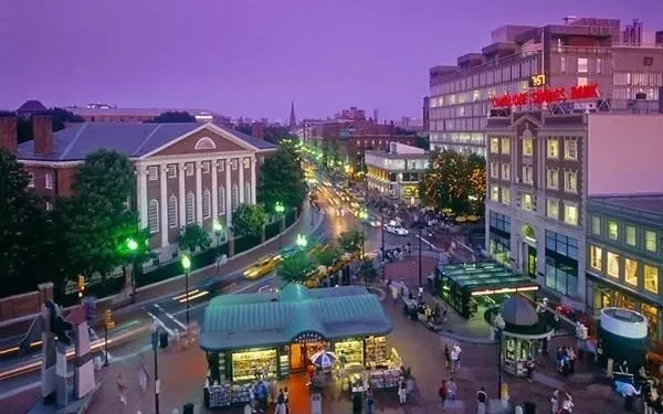Picture of Harvard Square with purple sky