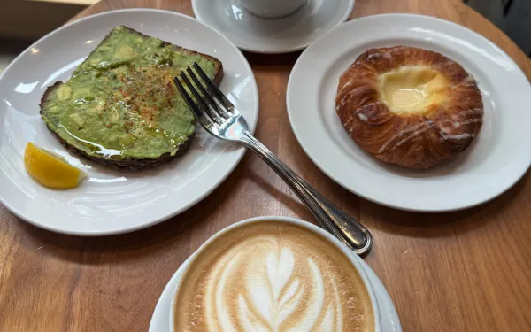 Coffees, pastries, and avocado toast