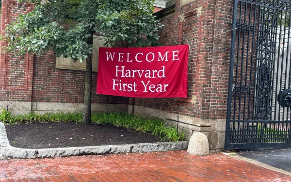 Harvard First-Year flag at Johnston Gate.